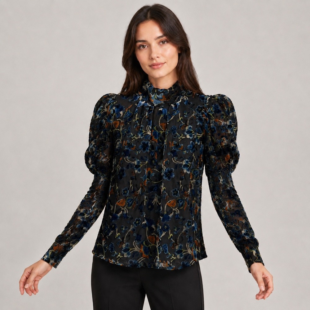 French Connection Womens Blue Orange Velvet Burnout Floral Mock Neck Blouse L